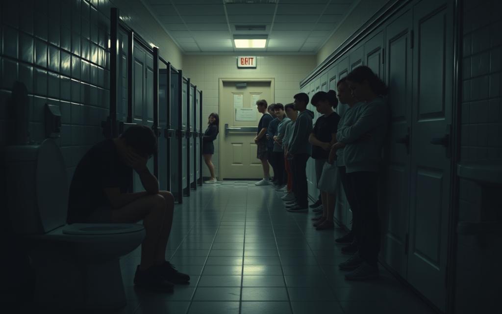 A Dimly Lit School Bathroom, The Tile Floors And Stalls Casting Long Shadows. In The Foreground, A Student Sits Hunched On The Toilet, Face In Hands, Visibly Distressed. Mid-Ground, A Line Of Students Waiting Anxiously, Shifting From Foot To Foot. In The Background, The Principal'S Office Door Looms, A Symbol Of The Bureaucracy Restricting Access. The Atmosphere Is Tense, The Lighting Harsh, Evoking The Emotional And Physical Toll Of Denied Bathroom Breaks. Cinematic Angles And Muted Colors Convey The Gravity Of The Situation, The Students' Health And Wellbeing Jeopardized By Restrictive Policies.