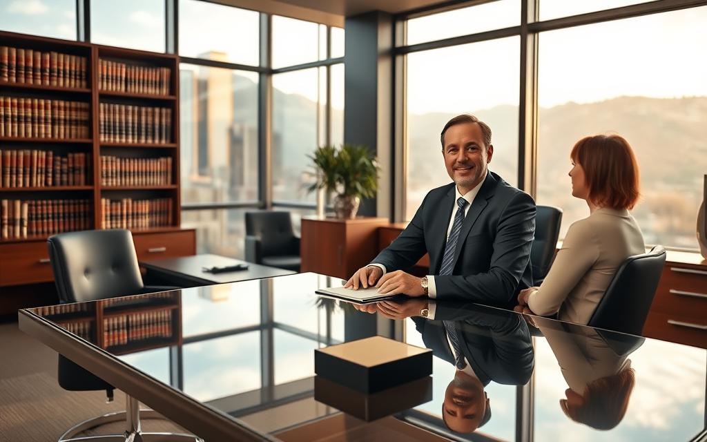 A Modern, Professional Law Office With Floor-To-Ceiling Windows Overlooking The Rocky Mountains. In The Foreground, A Confident, Approachable Lawyer In A Tailored Suit Sits At A Sleek, Glass-Topped Desk, Consulting With A Client. The Lighting Is Warm And Natural, Casting A Soft Glow On The Space. In The Background, Bookcases Filled With Legal Tomes Line The Walls, Conveying Expertise And Authority. The Atmosphere Is One Of Trust, Competence, And Personalized Attention, Reflecting The High-Quality Legal Services Offered.