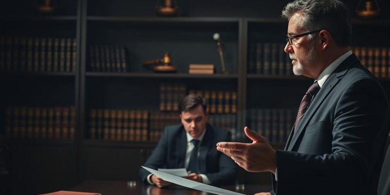 A High-Contrast, Cinematic Legal Defense Strategy Scene. In The Foreground, A Resolute Defense Attorney Gestures Emphatically While Reviewing Documents. Midground, A Client Sits Pensively, Surrounded By Law Books And Gavel-Adorned Shelves. The Background Features Dramatic Chiaroscuro Lighting, Casting Dramatic Shadows And Highlights That Evoke The Weight And Gravity Of The Legal Proceedings. The Overall Atmosphere Is One Of Focused Determination, With A Sense Of Strategic Planning And Zealous Advocacy For The Client'S Rights.