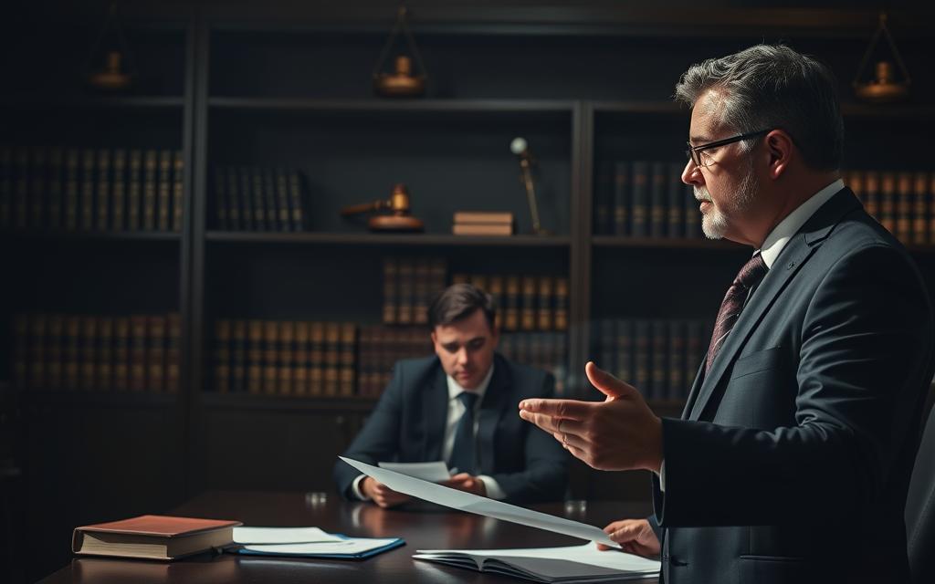 A High-Contrast, Cinematic Legal Defense Strategy Scene. In The Foreground, A Resolute Defense Attorney Gestures Emphatically While Reviewing Documents. Midground, A Client Sits Pensively, Surrounded By Law Books And Gavel-Adorned Shelves. The Background Features Dramatic Chiaroscuro Lighting, Casting Dramatic Shadows And Highlights That Evoke The Weight And Gravity Of The Legal Proceedings. The Overall Atmosphere Is One Of Focused Determination, With A Sense Of Strategic Planning And Zealous Advocacy For The Client'S Rights.