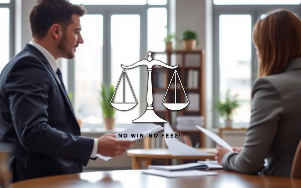 A Modern Office Interior, Flooded With Natural Light From Large Windows. In The Foreground, A Confident-Looking Lawyer In A Sharp Suit Sits At A Desk, Discussing Documents With A Client. The Middle Ground Features A Scale Of Justice Icon, Symbolizing The &Quot;No Win, No Fee&Quot; Legal Arrangement. In The Background, A Bookshelf And Potted Plants Create A Professional, Yet Approachable Atmosphere. The Scene Conveys A Sense Of Transparency, Accessibility, And The Promise Of Just Legal Representation Without Upfront Costs. A Modern Office Interior, Flooded With Natural Light From Large Windows. In The Foreground, A Confident-Looking Lawyer In A Sharp Suit Sits At A Desk, Discussing Documents With A Client. The Middle Ground Features A Scale Of Justice Icon, Symbolizing The &Quot;No Win, No Fee&Quot; Legal Arrangement. In The Background, A Bookshelf And Potted Plants Create A Professional, Yet Approachable Atmosphere. The Scene Conveys A Sense Of Transparency, Accessibility, And The Promise Of Just Legal Representation Without Upfront Costs.