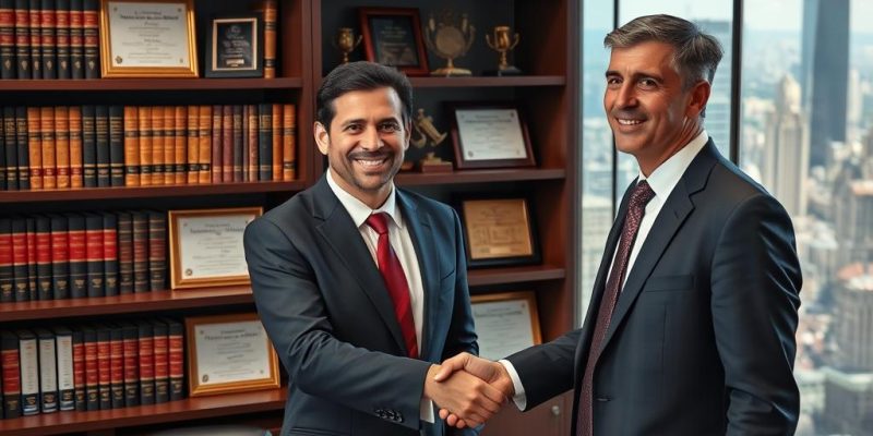 A Well-Lit, High-Resolution Photograph Of A Successful Legal Practice. In The Foreground, A Smiling Client Shakes Hands With A Confident, Experienced Criminal Defense Attorney In A Tailored Suit. Behind Them, A Bookshelf Showcases An Array Of Law Books, Awards, And Framed Client Testimonials. The Background Features A Panoramic View Of A Bustling City Skyline, Conveying The Firm'S Expertise And Prestigious Reputation. The Overall Mood Is One Of Professionalism, Trust, And Client Satisfaction.