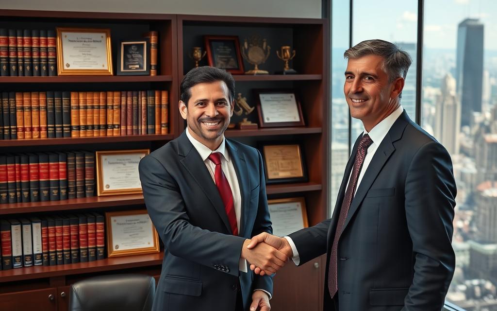 A Well-Lit, High-Resolution Photograph Of A Successful Legal Practice. In The Foreground, A Smiling Client Shakes Hands With A Confident, Experienced Criminal Defense Attorney In A Tailored Suit. Behind Them, A Bookshelf Showcases An Array Of Law Books, Awards, And Framed Client Testimonials. The Background Features A Panoramic View Of A Bustling City Skyline, Conveying The Firm'S Expertise And Prestigious Reputation. The Overall Mood Is One Of Professionalism, Trust, And Client Satisfaction.