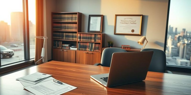 A Well-Lit Law Office Interior, With A Large Wooden Desk In The Foreground. On The Desk, A Laptop, Some Legal Documents, And A Pen. In The Middle Ground, A Bookshelf Filled With Law Books, And A Framed Certificate On The Wall. The Background Features A Large Window Overlooking A Cityscape, With A Warm, Late-Afternoon Glow Illuminating The Scene. The Overall Atmosphere Conveys A Sense Of Professionalism, Expertise, And The Pursuit Of Justice In Workers' Compensation Claims.