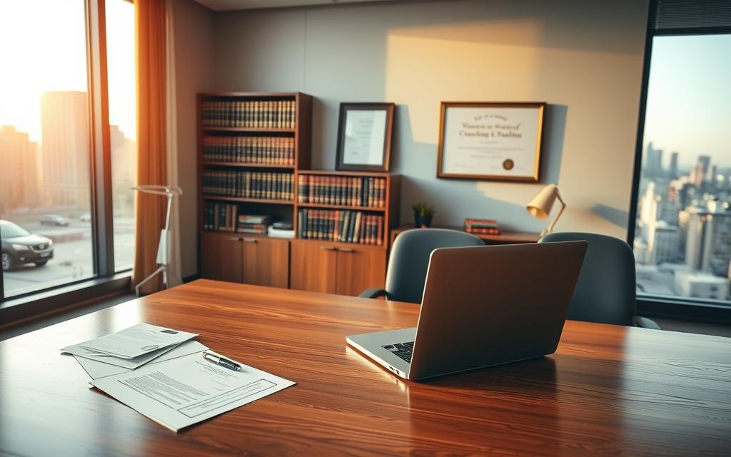 A Well-Lit Law Office Interior, With A Large Wooden Desk In The Foreground. On The Desk, A Laptop, Some Legal Documents, And A Pen. In The Middle Ground, A Bookshelf Filled With Law Books, And A Framed Certificate On The Wall. The Background Features A Large Window Overlooking A Cityscape, With A Warm, Late-Afternoon Glow Illuminating The Scene. The Overall Atmosphere Conveys A Sense Of Professionalism, Expertise, And The Pursuit Of Justice In Workers' Compensation Claims. A Well-Lit Law Office Interior, With A Large Wooden Desk In The Foreground. On The Desk, A Laptop, Some Legal Documents, And A Pen. In The Middle Ground, A Bookshelf Filled With Law Books, And A Framed Certificate On The Wall. The Background Features A Large Window Overlooking A Cityscape, With A Warm, Late-Afternoon Glow Illuminating The Scene. The Overall Atmosphere Conveys A Sense Of Professionalism, Expertise, And The Pursuit Of Justice In Workers' Compensation Claims.